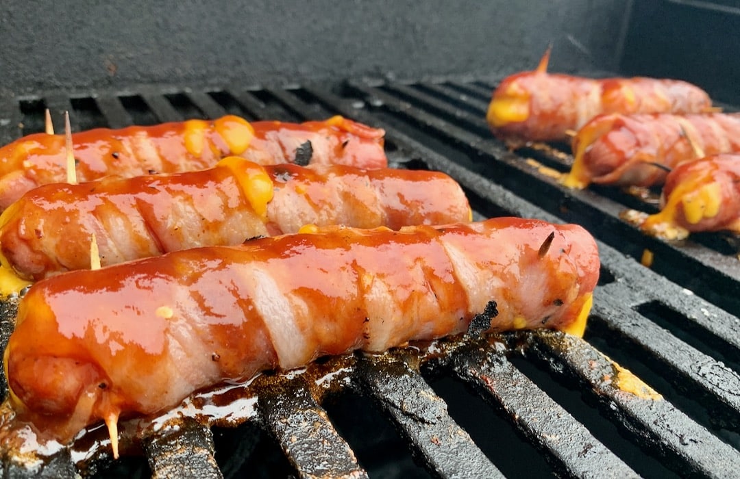 Bacon Wrapped Cheese Stuffed Hot Dogs