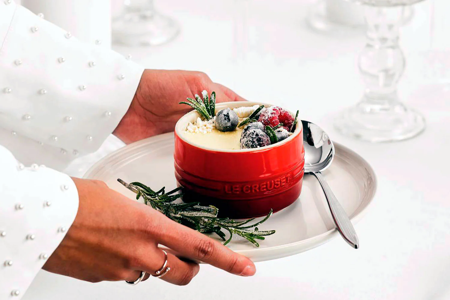 White chocolate and lemon mousse with a red berry compote center