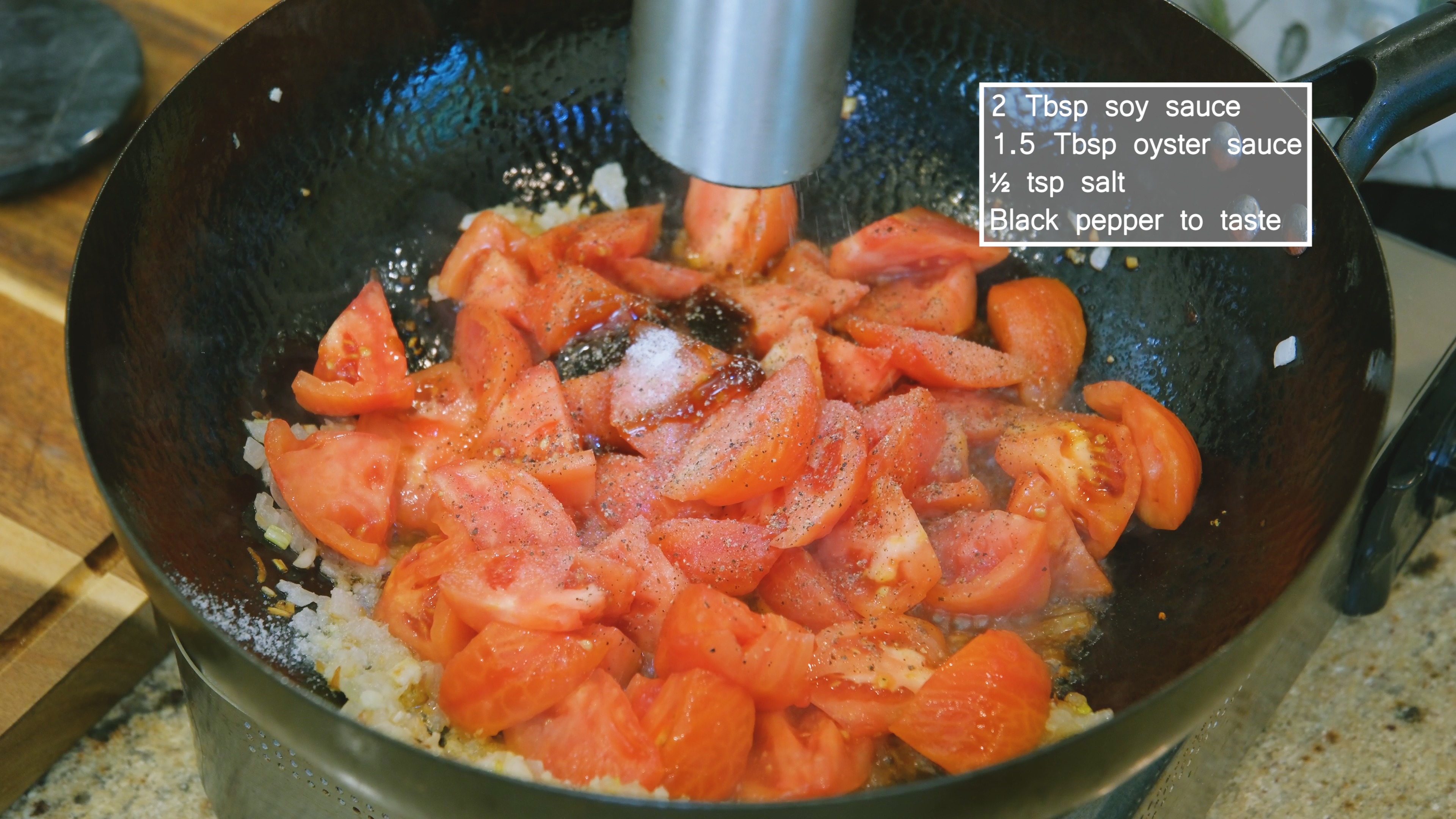 Image of Add the garlic, tomato, 2 Tbsp soy sauce, 1.5 Tbsp...