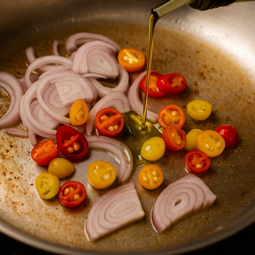 Image of Add halved pepper drops, thinly sliced shallot, and drizzle with...