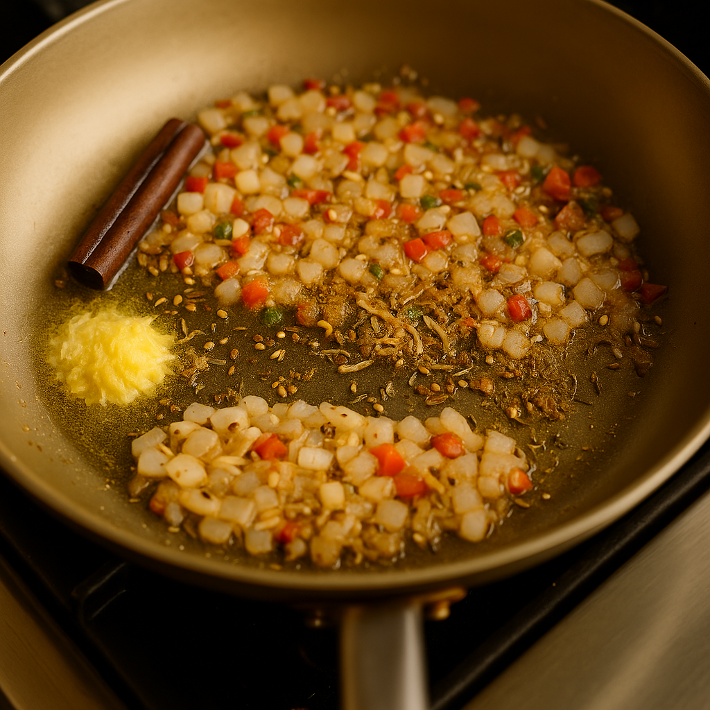 Image of To the first pan (with onions), add grated ginger, minced...