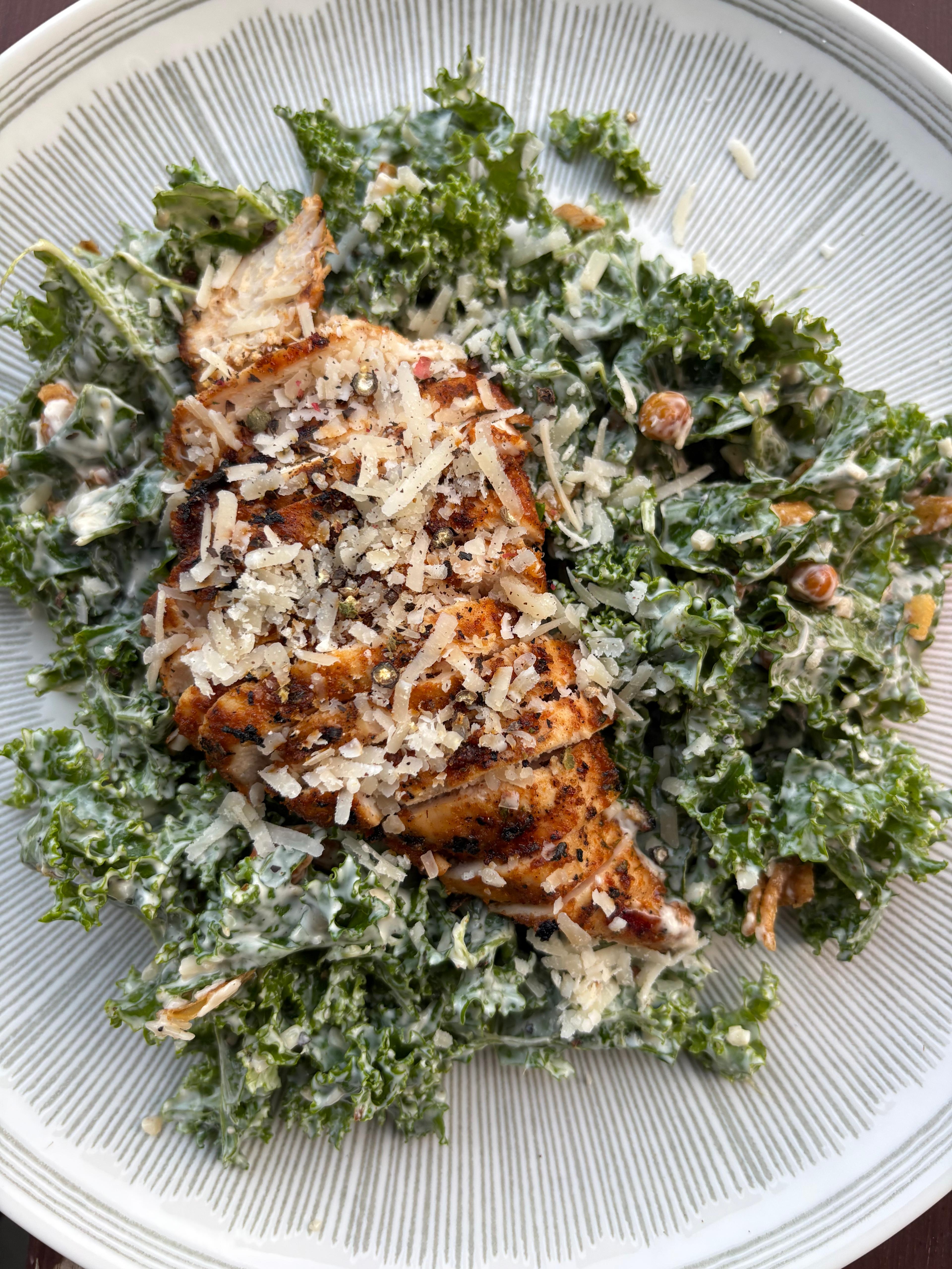 Kale Caesar Salad with Montreal Red Grilled Chicken