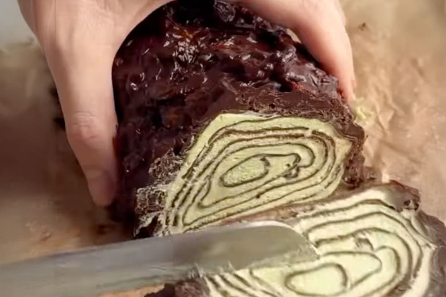 Dubai chocolate and pistachio crepe roll with crunchy glaze