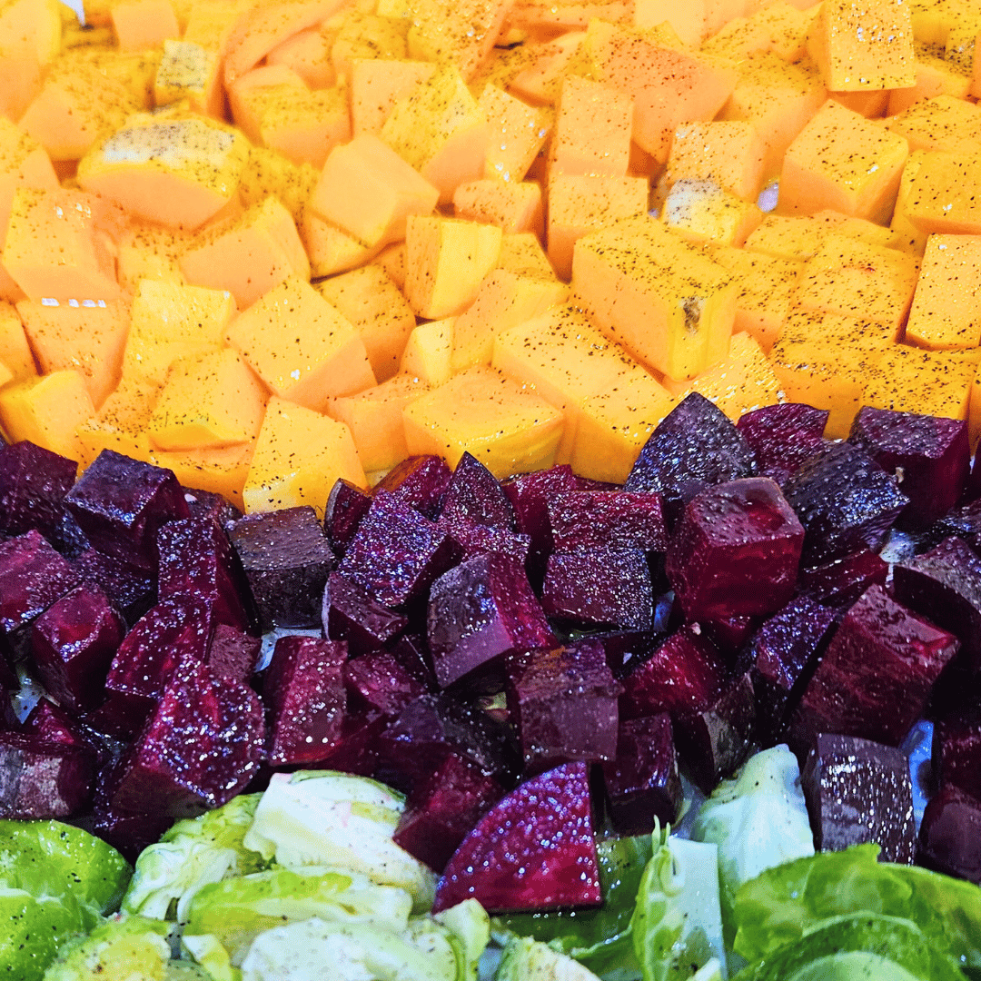 Image of Place the beets and squash, and optional Brussels sprouts on...