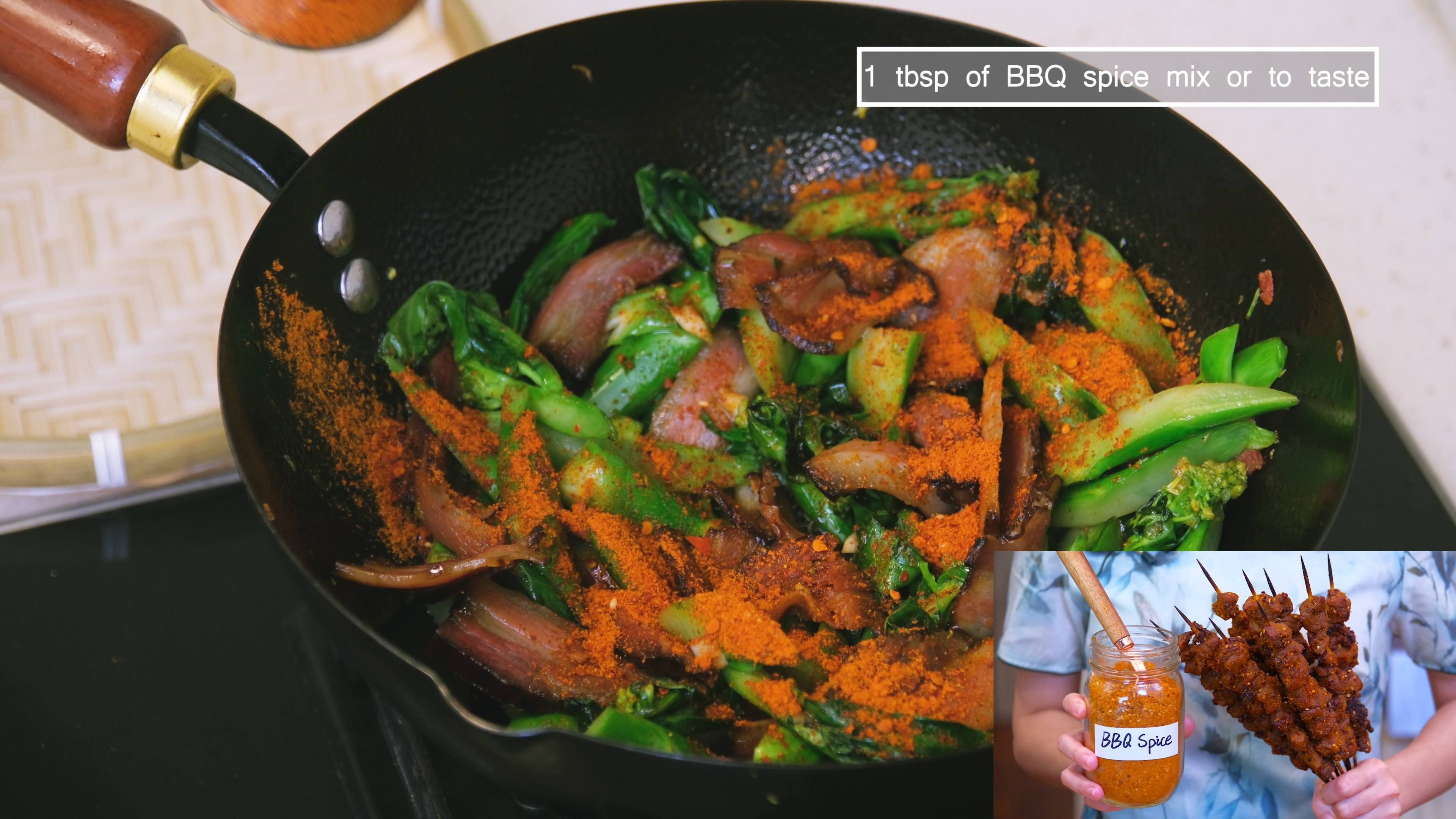 Image of Add the gailan stems and some diced garlic and stir-fry...