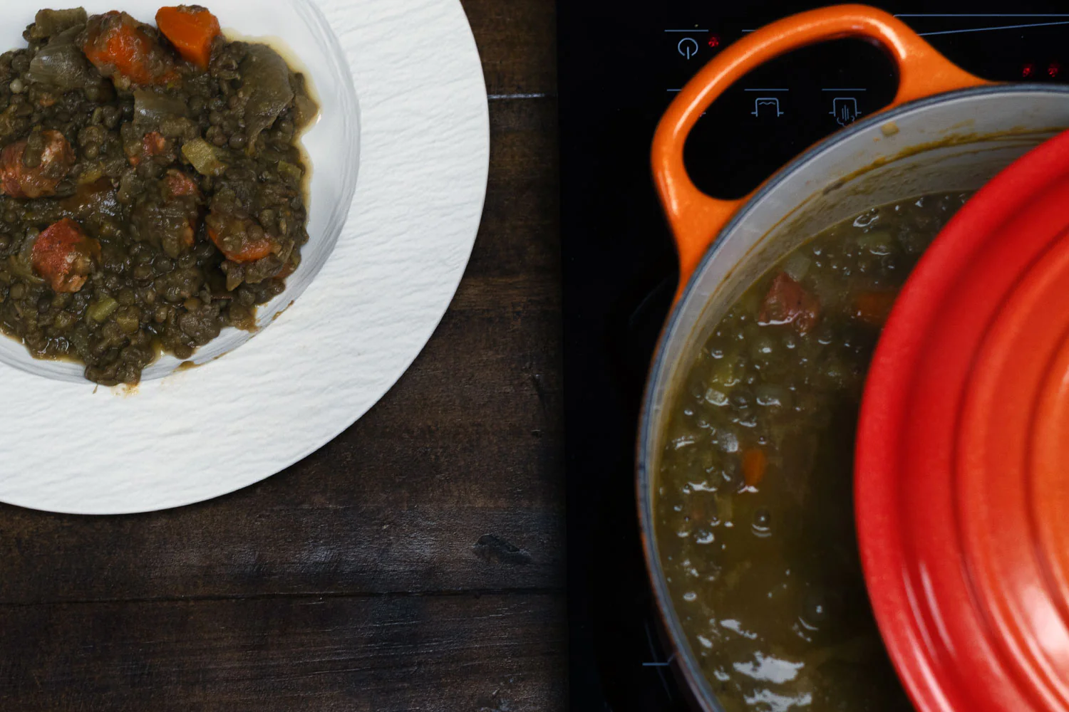 Traditional lentils with chorizo in a casserole