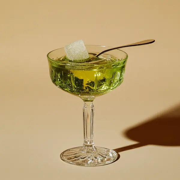 A photo of the Green Fairy Flame cocktail containing Pernod Absinthe, Chilled water, Caster sugar in a Absinthe or Old-Fashioned.