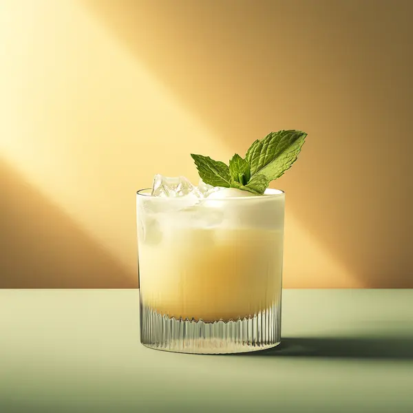 A photo of the Green Velvet Fizz cocktail containing Pernod Absinthe, Giffard Orgeat Syrup, Fee Brothers Fee Foam Egg White Alternative, Milk, Single cream / half-and-half in a Old-Fashioned.