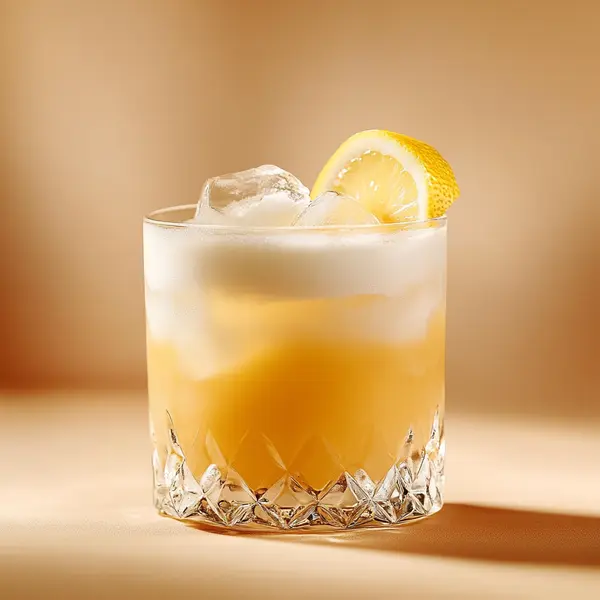 A photo of the Golden Spell Sour cocktail containing Milagro Reposado Tequila, Strega Liquore, Freshly squeezed lemon juice, Fee Brothers Fee Foam Egg White Alternative in a Old-Fashioned.