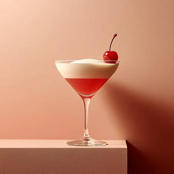 A photo of the Cherry Cream Fizz cocktail containing Beefeater London Dry Gin, Liber & Co. Real Grenadine, Single cream / half-and-half, Milk, Fee Brothers Fee Foam Egg White Alternative in a Martini.