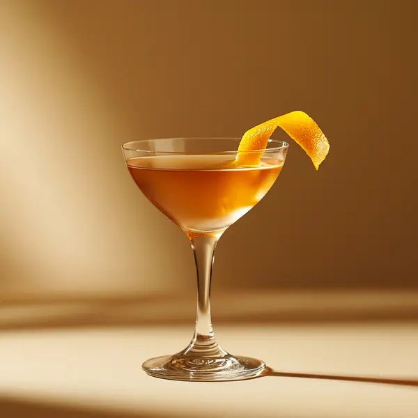 A photo of the Seville Sundown cocktail containing Valdespino Inocente Fino Sherry, Martini & Rossi Rosso Sweet Vermouth, Angostura Orange Bitters in a Martini.