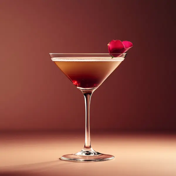 A photo of the Rosy French 75 cocktail containing Hennessy V.S. Cognac, Noilly Prat Dry Vermouth, Tempus Fugit Crème De Menthe, Freshly squeezed orange juice, Liber & Co. Real Grenadine, Shiraz red wine, Chilled water in a Martini.