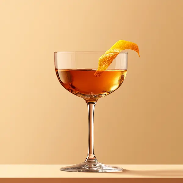 A photo of the Old Tom's Rendezvous cocktail containing Hayman's Old Tom Gin, Hennessy V.S. Cognac, Martini & Rossi Rosso Sweet Vermouth, Grand Marnier, Angostura Orange Bitters in a Coupe.