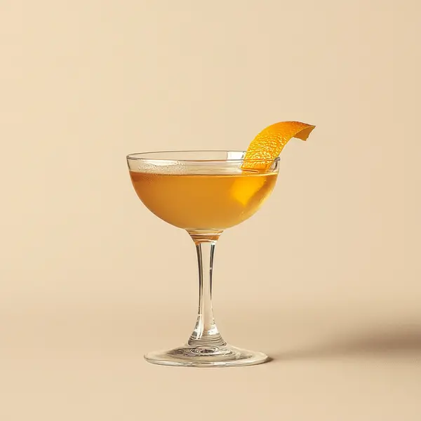 A photo of the Dutch Daisy cocktail containing Bols Genever, Giffard Triple Sec, Noilly Prat Dry Vermouth, Angostura Orange Bitters, Chilled water (reduce if wet ice) in a Coupe.