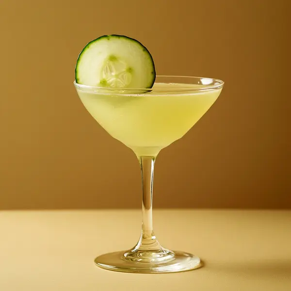 A photo of the Cucumber Meadow Martini cocktail containing English cucumber peeled, Zubrowka Bison Grass Vodka, St-Germain Elderflower Liqueur, Pressed apple juice in a Martini.