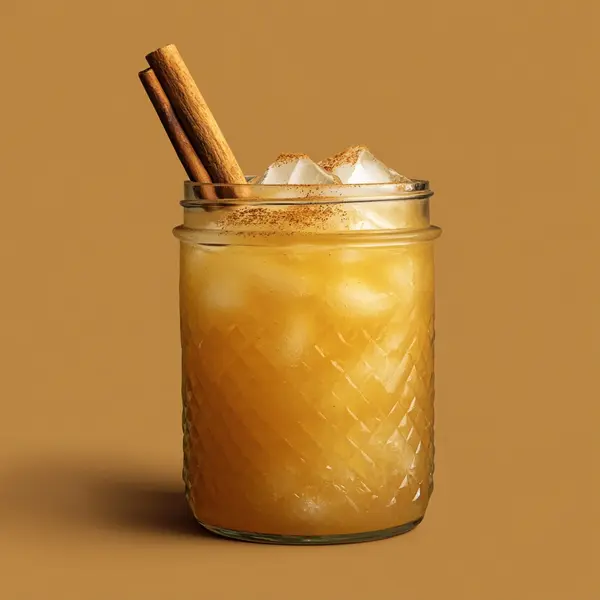 A photo of the Maple Orchard Shake cocktail containing Laird's Straight Apple Brandy 100 Proof Bottled In Bond, Maple syrup, Freshly squeezed orange juice, Freshly squeezed lemon juice in a Jam Jar.