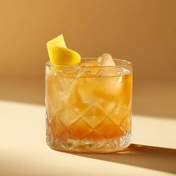 A photo of the Apricot Orchard Old-Fashioned cocktail containing Apricot jam (preserve), Savage & Cooke Cask Finished Bourbon, Giffard Abricot Du Roussillon, Pressed apple juice, Freshly squeezed lemon juice in a Old-Fashioned.