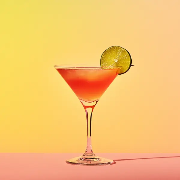 A photo of the Sunset Siesta cocktail containing Milagro Reposado Tequila, Freshly squeezed lime juice, Liber & Co. Real Grenadine, Orange flower water in a Martini (Large 10 oz).