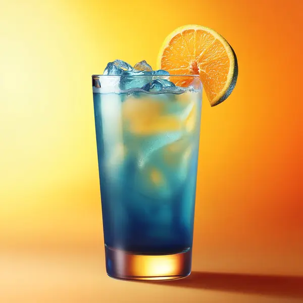 A photo of the Rumblues O'Clock cocktail containing Don Q Oak Barrel Spiced Rum, Luxardo Amaretto di Saschira Liqueur, Giffard Blue Curaçao, Freshly squeezed lime juice, Pressed apple juice in a Collins.