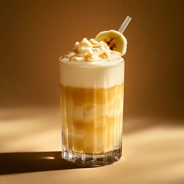 A photo of the Banana Bliss Collins cocktail containing Giffard Banane du Brésil Liqueur, Marie Brizard Crème de Cacao White, Luxardo Amaretto di Saschira Liqueur, Single cream / half-and-half, Milk, Banana (peeled) in a Collins.
