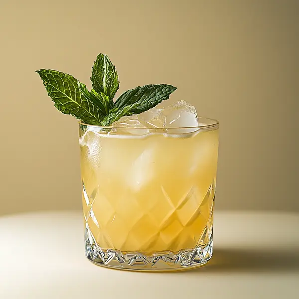 A photo of the Sunny Enchantment cocktail containing Chartreuse Yellow, Giffard Crème de Violette Liqueur, Ricard Pastis de Marseille Aperitif, Chilled water (reduce if wet ice) in a Old-Fashioned.