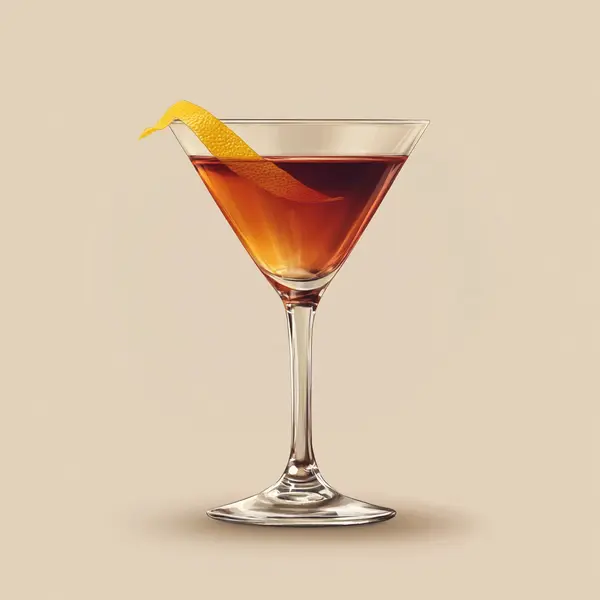 A photo of the Crescent Royale cocktail containing Dubonnet Rouge, Hennessy V.S. Cognac, Grand Marnier, Angostura Aromatic Bitters in a Martini.