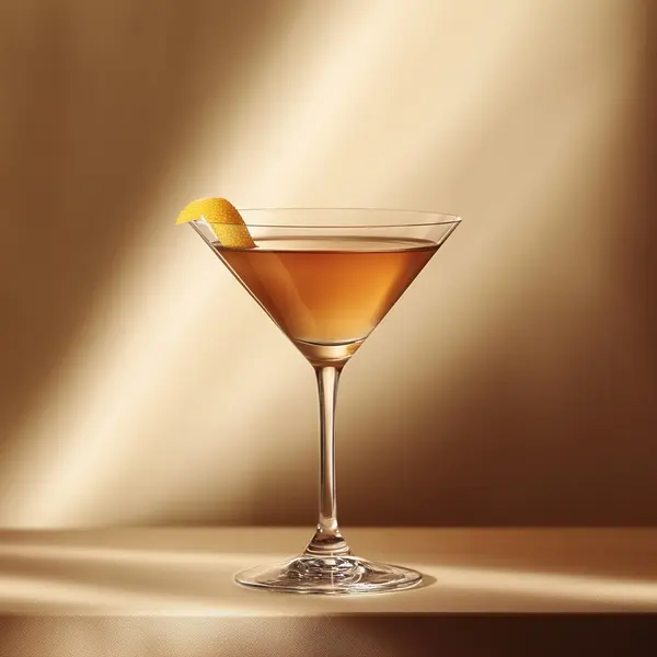 A photo of the Tri-Spirit Tango cocktail containing Beefeater London Dry Gin, Roger Groult 3 Year Reserve Pays D'Auge Calvados, Compass Box Great King Street Artist's Blend Scotch in a Martini.