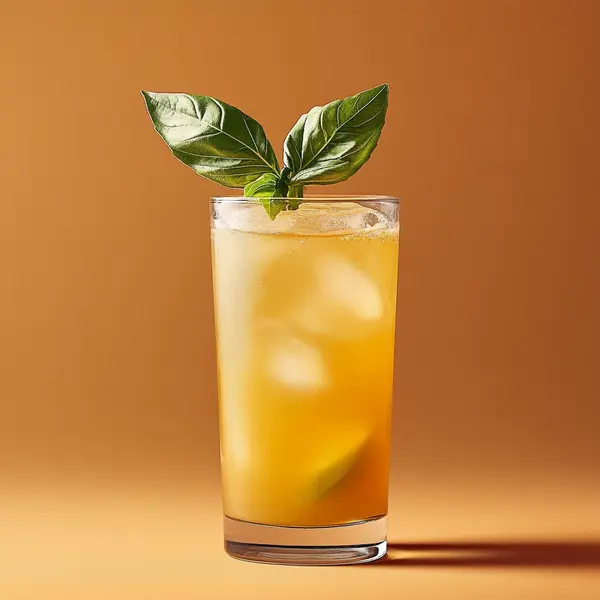 A photo of the Botanical Breeze cocktail containing Basil leaves, Beefeater London Dry Gin, Cynar, Pressed apple juice, Cold green tea, Freshly squeezed lime juice, Honey syrup in a Collins.