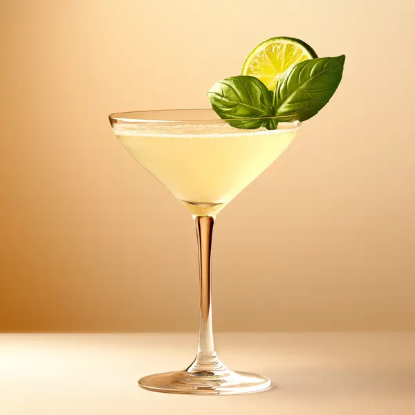 A photo of the Basil Gimletini cocktail containing Beefeater London Dry Gin, Freshly squeezed lime juice, Rose's lime cordial, Basil leaves in a Martini.