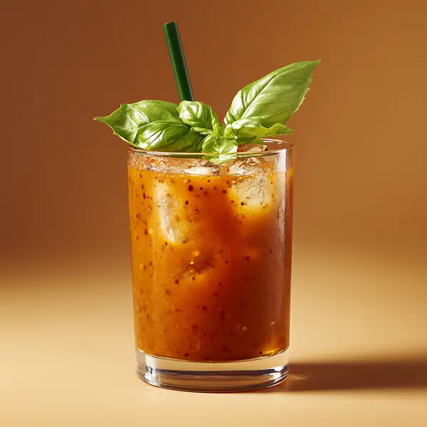 A photo of the Spicy Basil Mary cocktail containing Basil leaves, St. George Green Chile Vodka, Tomato juice, Hot pepper sauce, Graham's 10 Year Old Aged Tawny Port, Worcestershire sauce, Horseradish sauce, Celery salt, Black pepper, Freshly squeezed lemon juice in a Collins.