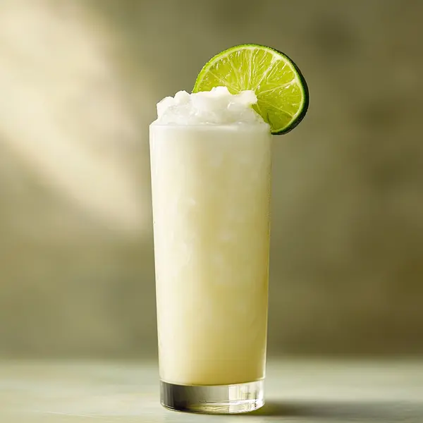 A photo of the Coconut Capirinha cocktail containing Novo Fogo Chameleon Cachaça, Coconut water, Condensed milk, Freshly squeezed lime juice in a Collins.