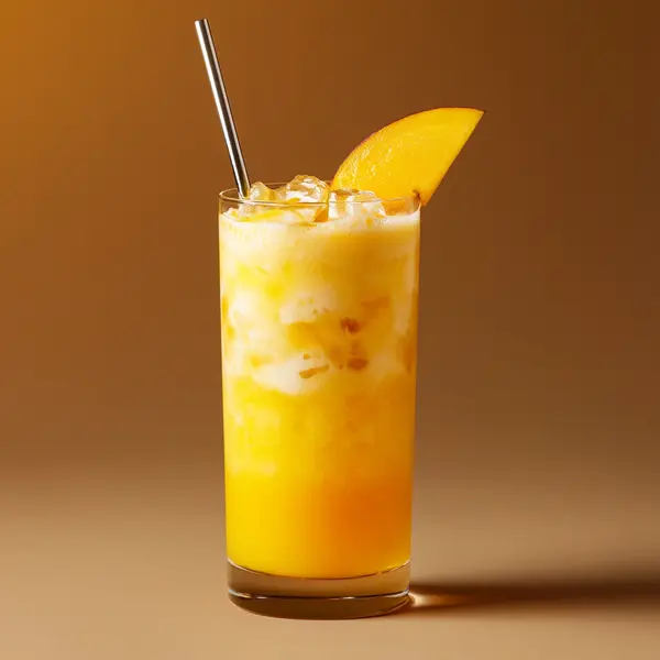 A photo of the Mango Samba Shake cocktail containing Novo Fogo Chameleon Cachaça, Mango purée, Freshly squeezed orange juice, Condensed milk in a Collins.