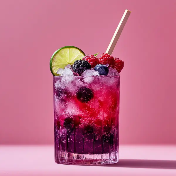 A photo of the Berry Brazilian Bliss cocktail containing Fresh lime (chopped wedges), Caster sugar, Raspberries, Blackberries, Blueberries, Small ripe strawberries (hulled), Novo Fogo Chameleon Cachaça in a Highball.