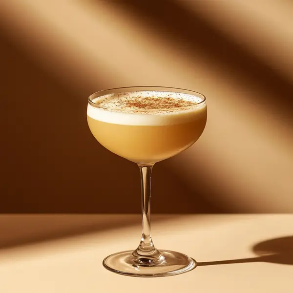 A photo of the Spiced Rhum Flip cocktail containing Rhum Clément Canne Bleue, Appleton Estate 8 Year Old Reserve Rum, Freshly squeezed lime juice, St. Elizabeth Allspice Dram, Liber & Co. Demerara Gum Syrup, Egg (white & yolk) in a Sour or Martini/Coupette.