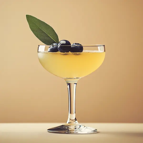 A photo of the Blueberry Sage Spritz cocktail containing Blueberries, Ketel One Vodka, Oolong tea, St-Germain Elderflower Liqueur, Freshly squeezed lemon juice, AquaRiva Organic Agave Syrup, Sage leaves in a Coupe.