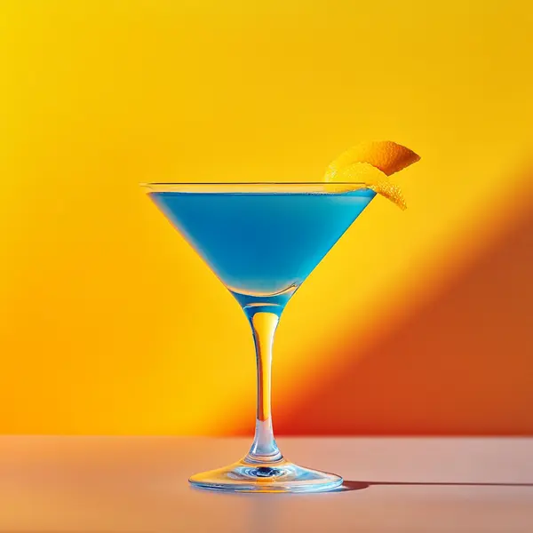 A photo of the Azure Martini cocktail containing Beefeater London Dry Gin, Giffard Blue Curaçao, Noilly Prat Dry Vermouth, Freshly squeezed orange juice in a Martini.