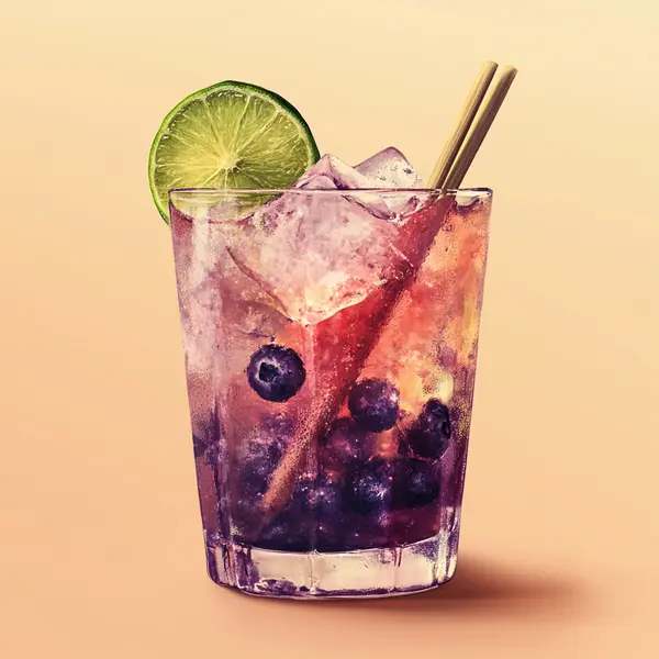 A photo of the Berry 'n' Lime Samba cocktail containing Fresh lime (chopped wedges), Caster sugar, Blueberries, Novo Fogo Chameleon Cachaça in a Highball.