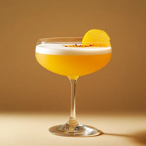 A photo of the Sunset Saffron Sour cocktail containing Savage & Cooke Cask Finished Bourbon, Freshly squeezed lemon juice, Freshly squeezed orange juice, Saffron syrup (2:1 sugar syrup heated with saffron fronds), Angostura Orange Bitters, Fee Brothers Fee Foam Egg White Alternative in a Coupe.
