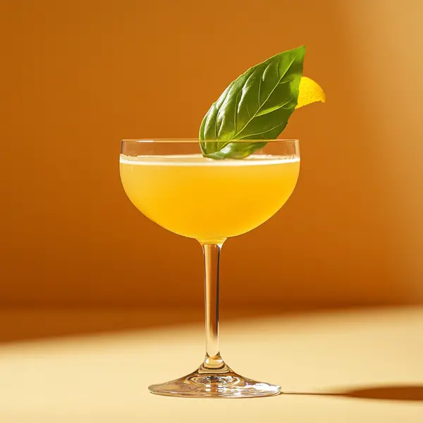 A photo of the Basil Breeze Fizz cocktail containing Freshly squeezed lime juice, Runny honey, Novo Fogo Chameleon Cachaça, Pallini Limoncello, Aperol Aperitivo, Basil leaves, Fee Brothers Fee Foam Egg White Alternative in a Coupe.