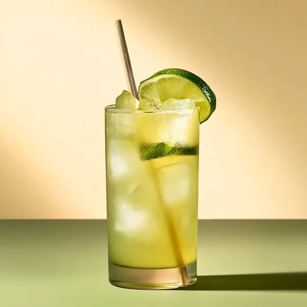 A photo of the Capucana Crush cocktail containing Fresh lime (chopped wedges), Caster sugar, Chilled water (reduce if wet ice), Novo Fogo Chameleon Cachaça in a Highball.