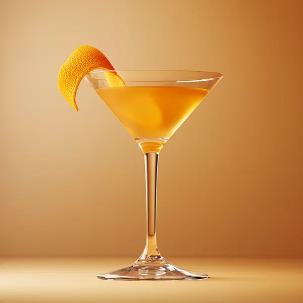 A photo of the Calvados Sunshine Tini cocktail containing Roger Groult 3 Year Reserve Pays D'Auge Calvados, Giffard Triple Sec, Freshly squeezed orange juice, Angostura Orange Bitters in a Martini.
