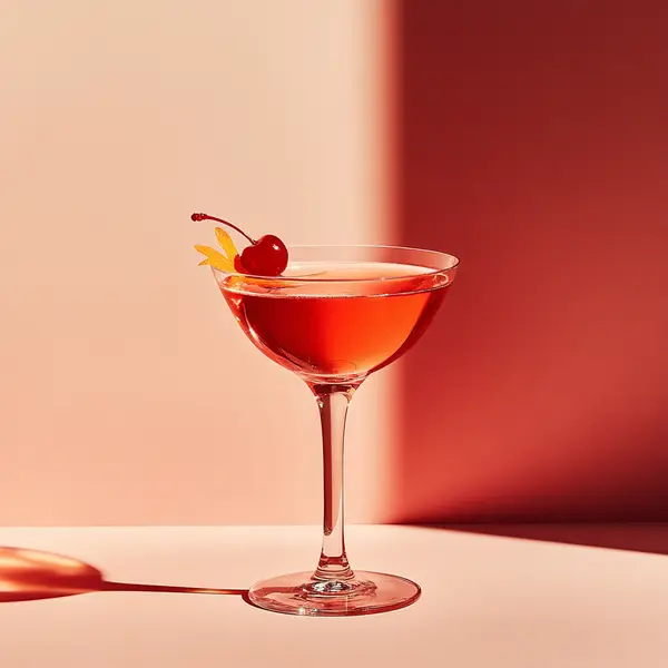 A photo of the Cherry Boulevardier cocktail containing Luxardo Sour Cherry Gin, Martini & Rossi Rosso Sweet Vermouth, Luxardo Maraschino Liqueur, Angostura Aromatic Bitters in a Coupe.