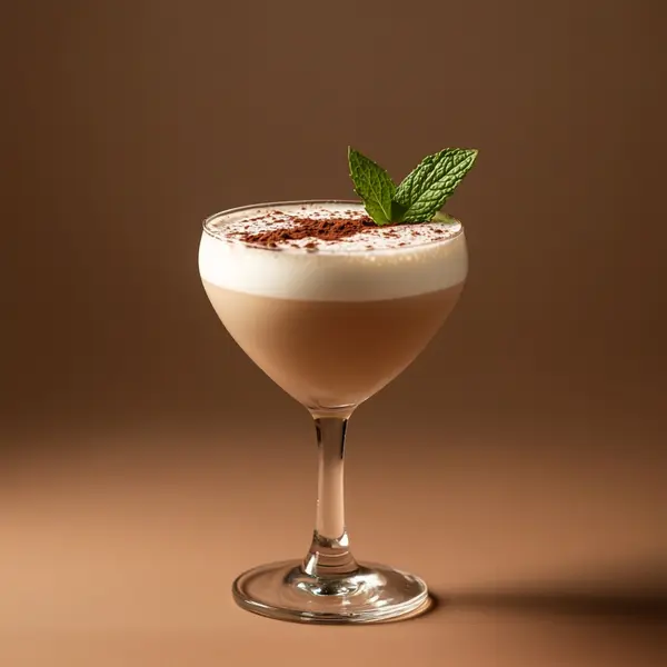 A photo of the Minted Monastery cocktail containing Hennessy V.S. Cognac, Giffard Crème de Cacao Liqueur, Marie Brizard Crème de Cacao White, Tempus Fugit Crème De Menthe, Single cream / half-and-half, Fee Brothers Fee Foam Egg White Alternative, Angostura Cocoa Bitters in a Coupe.