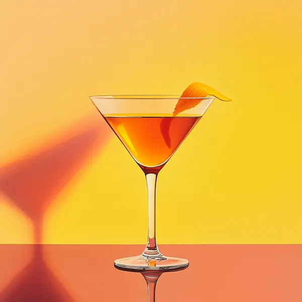 A photo of the Sherry Sunset cocktail containing Valdespino Inocente Fino Sherry, Graham's 10 Year Old Aged Tawny Port, Angostura Orange Bitters in a Martini.