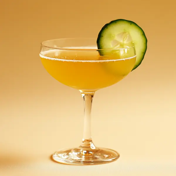 A photo of the Cucumber Boulevardier cocktail containing English cucumber peeled, Willett Family Estate Bottled 4 Year Rye, Noilly Prat Dry Vermouth, Amaro Montenegro Italian Liqueur in a Coupe.