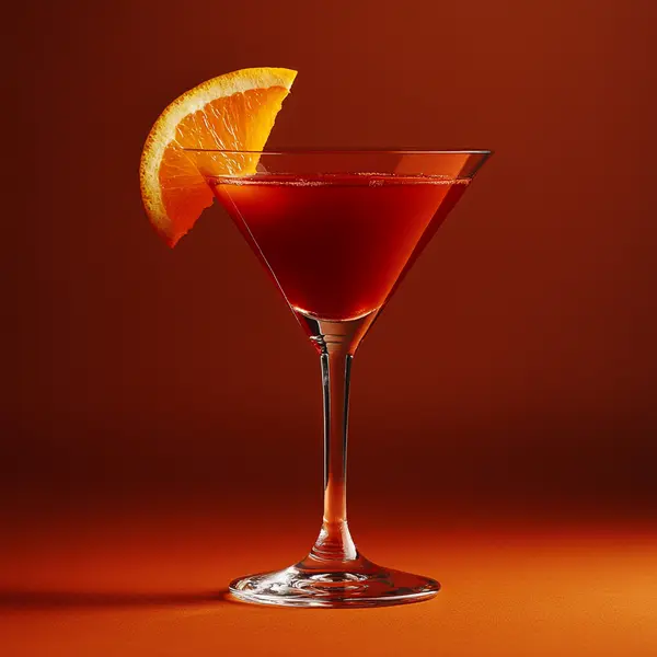 A photo of the Scarlet Negroni cocktail containing Campari Aperitivo, Martini & Rossi Rosso Sweet Vermouth, Freshly squeezed orange juice, Liber & Co. Real Grenadine, Angostura Aromatic Bitters in a Martini.