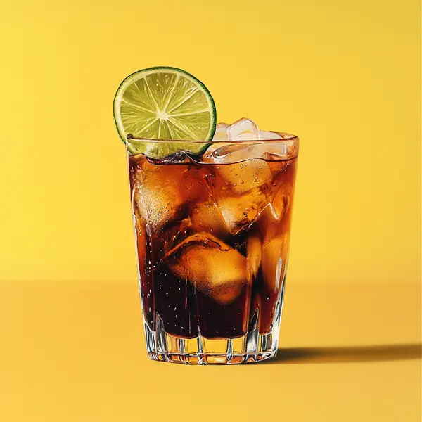 A photo of the Cuban Fizz cocktail containing Coca-Cola, Flor de Caña 4 Year Old Añejo Oro Rum, Freshly squeezed lime juice, Angostura Aromatic Bitters in a Collins.