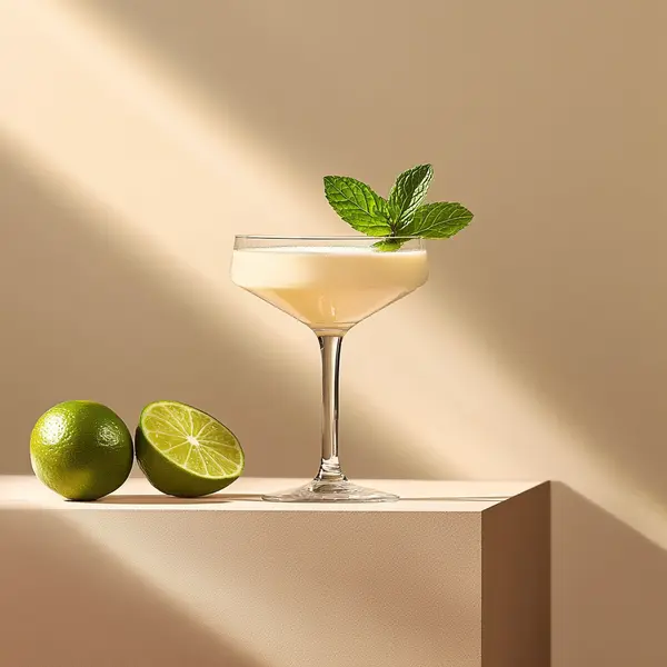 A photo of the Coconut Cacao Cooler cocktail containing Planteray 3 Stars White Rum, Marie Brizard Crème de Cacao White, Freshly squeezed lime juice, Coconut water, Mint leaves in a Copita Sherry.