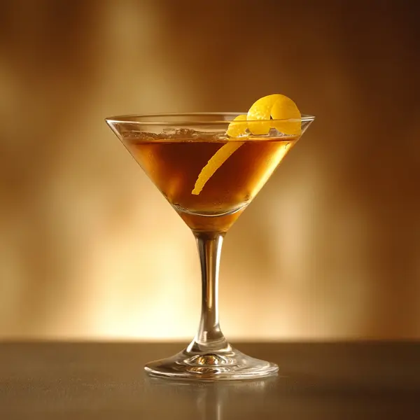 A photo of the Southern Manhattan Twist cocktail containing Savage & Cooke Cask Finished Bourbon, Southern Comfort, Martini & Rossi Rosso Sweet Vermouth, Peychaud's Bitters in a Martini.
