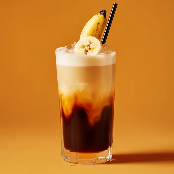A photo of the Banana Brew Frappe cocktail containing Planteray 3 Stars White Rum, Mr Black Cold Brew Coffee Liqueur, Giffard Banane du Brésil Liqueur, Single cream / half-and-half, Milk, Banana (peeled) in a Collins.